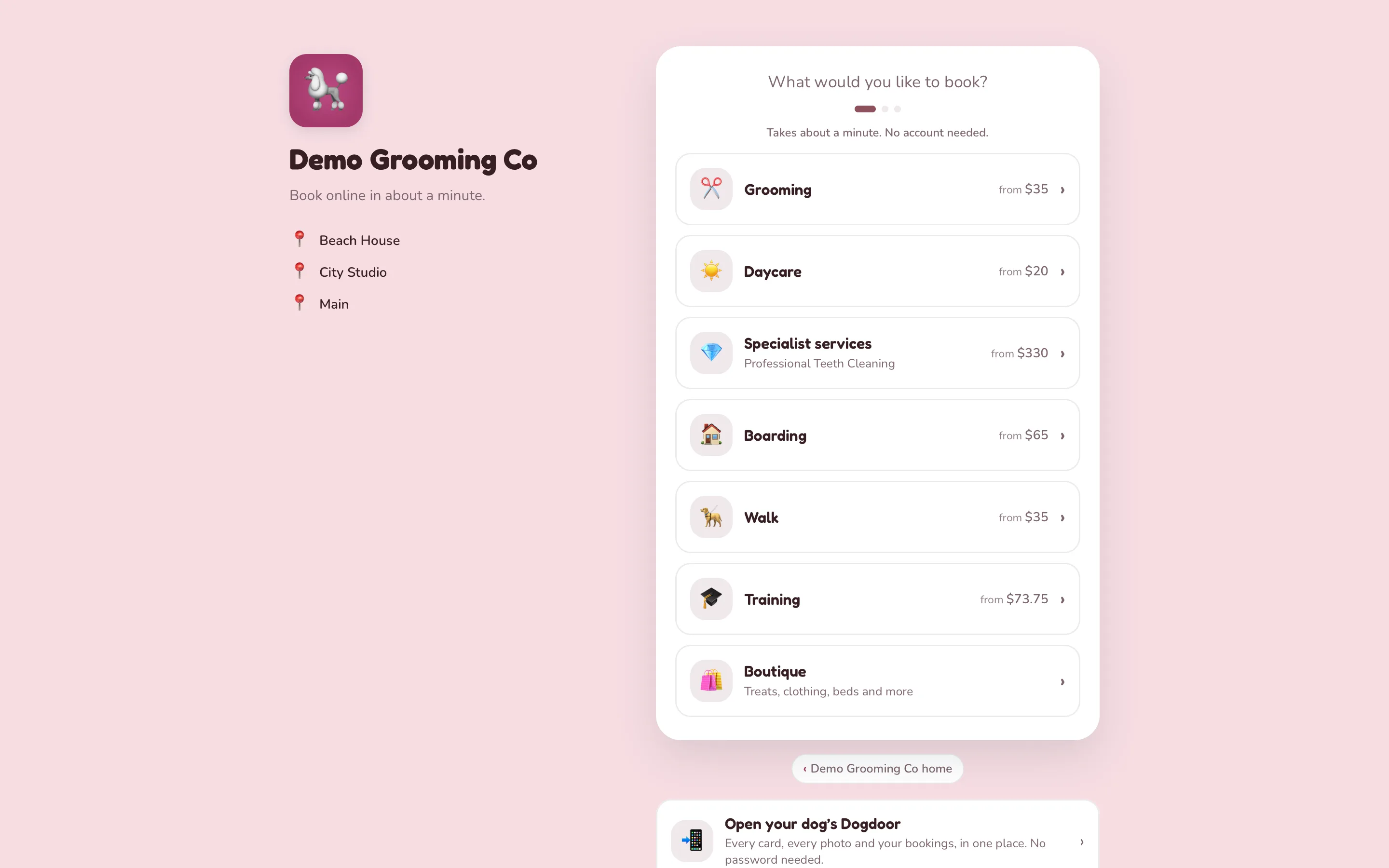 A shop's booking page on a laptop: the service, the groomer, the day and the time, then Apple Pay