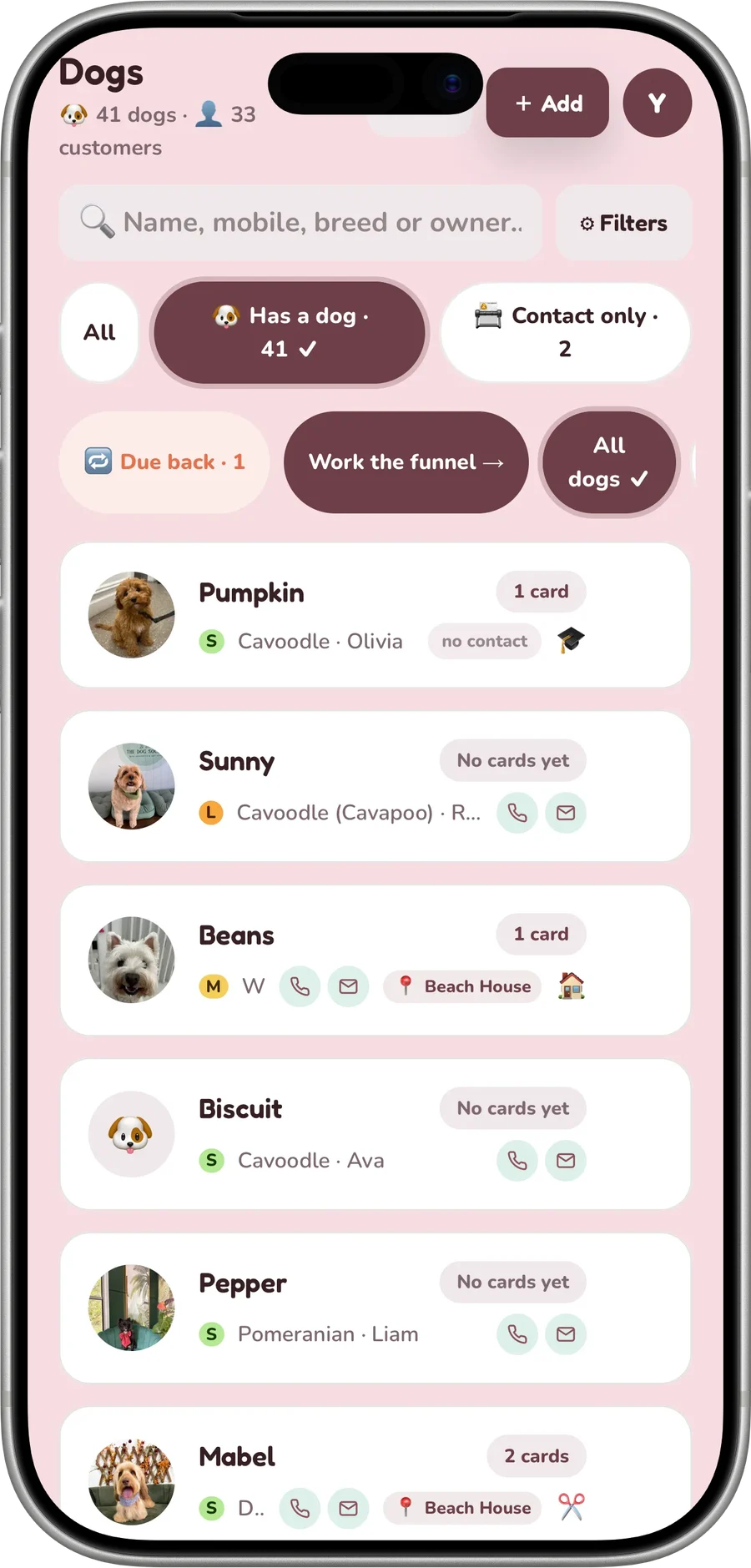 Every dog in the shop on a phone, with its photo, size and owner
